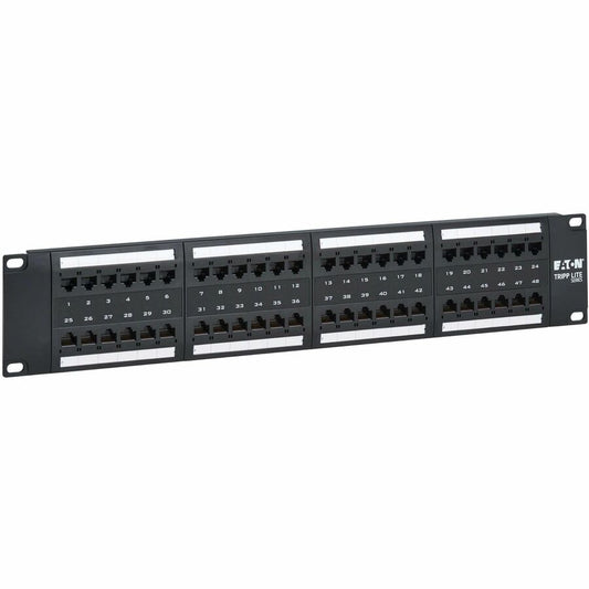 Eaton Tripp Lite Series 48-Port Cat6 Patch Panel - 4PPoE Compliant, 110/Krone, 568A/B, RJ45 Ethernet, 2U Rack-Mount, Black, TAA