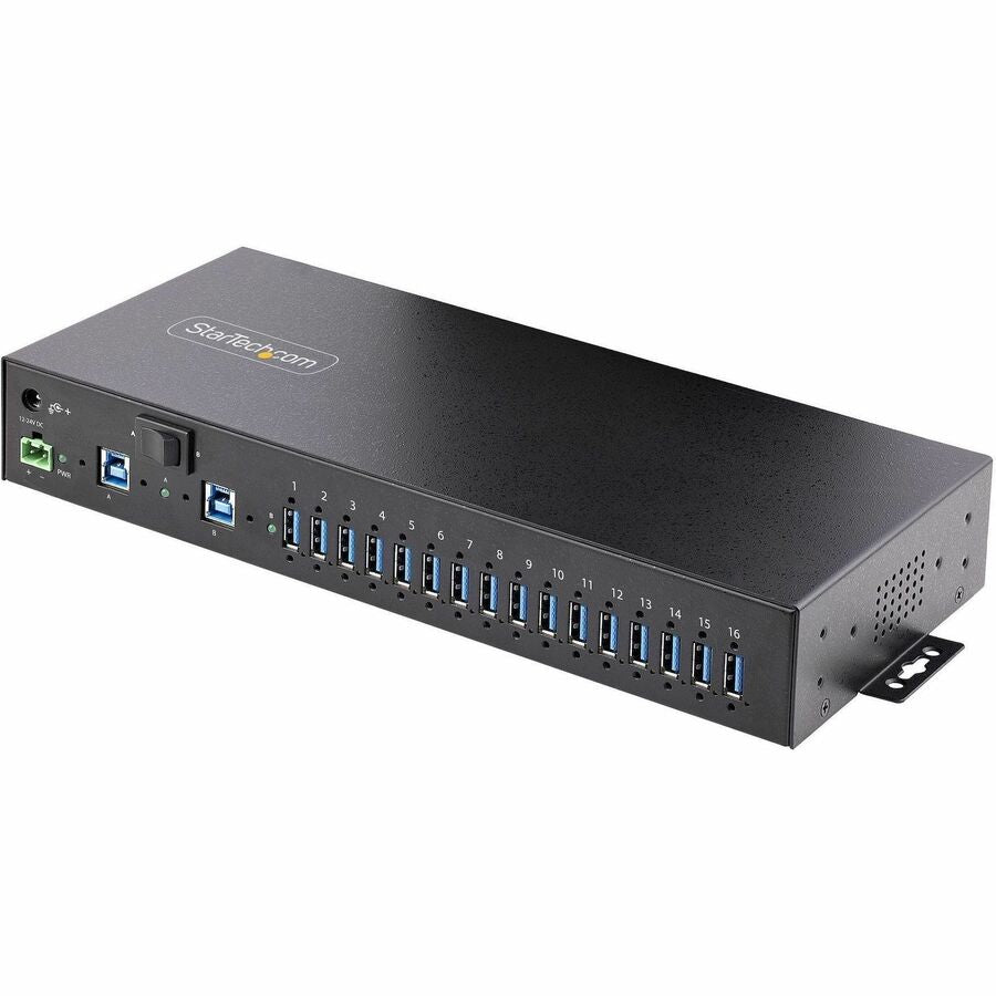 StarTech 16-Port Industrial USB 5Gbps Hub with Power Adapter, Mountable, Terminal Block Power, USB Charging, Dual-Host Hub/Switch, TAA