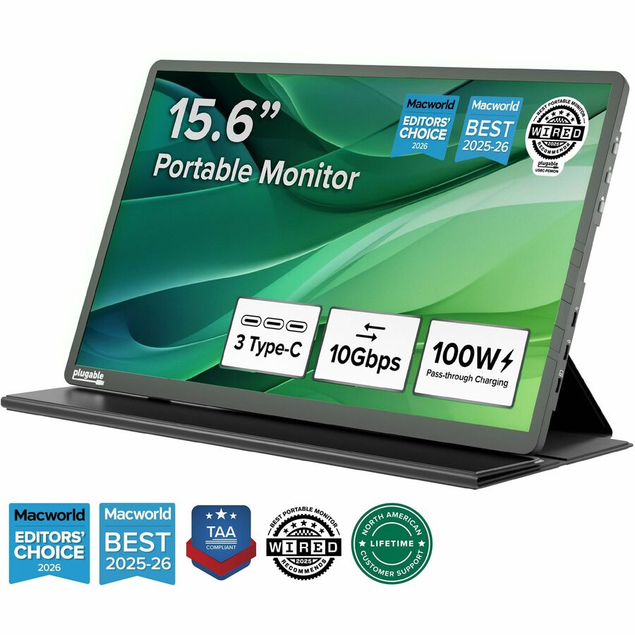 Plugable USB C Portable Monitor 15.6 Inch, 100W Pass-Through Charging for Your Laptop Smartphone Tablet