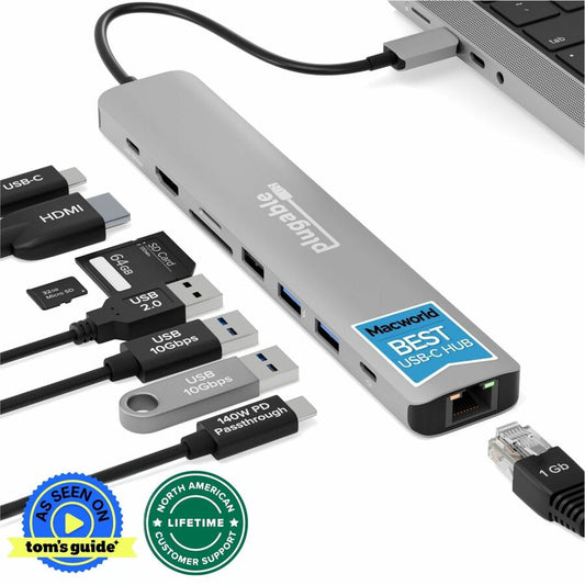 Plugable USB C Hub Multiport Adapter (9-in-1) 140W Power Delivery Charging, 4K 60Hz HDMI