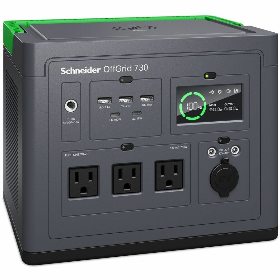 Schneider Electric Schneider OffGrid Portable Power Station 730, 700W, 120V, 738Wh Lithium-ion, LCD, 3 NEMA, Sinewave, 3 USB-A, 2 USB-C, Wireless Charger