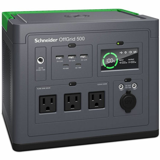 Schneider Electric Schneider OffGrid Portable Power Station 500, 120V, 517Wh Lithium-ion, LCD, 3 NEMA, Sinewave, 3 USB-A, 2 USB-C, Wireless Charger