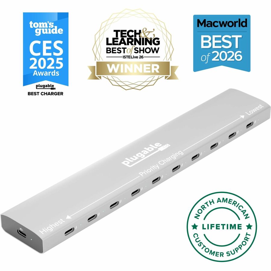 Plugable 10 Port USB C Charging Station, Up to 100W Charger for Multiple Devices with Priority Charging