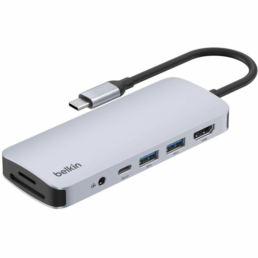 Belkin 7-Port USB-C Hub - USB-C to 2xUSB-A, 1xUSB-C, 1x4K HDMI, 1xSD Reader, 1xMicroSD Reader, 1x3.5mm Audio - Grey