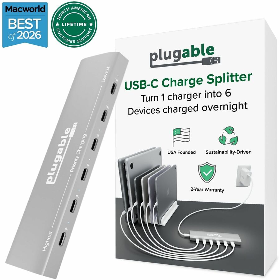 Plugable 6 Port USB C Charging Station, Up to 100W Charger for Multiple Devices with Priority Charging