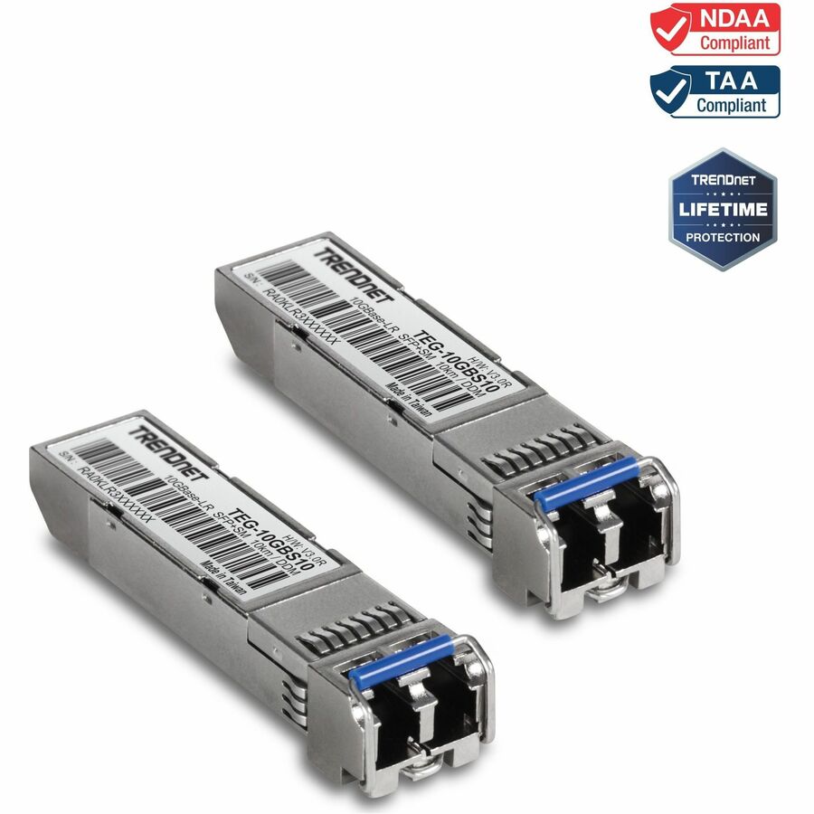 TRENDnet 2-Pack SFP to RJ45 10GBASE-LR SFP+ Single Mode LC Modules, TEG-10GBS10/2, Up to 10 km (6.2 Miles), Hot Pluggable SFP Transceivers, Duplex LC Connector, 1310nm,Lifetime Protection