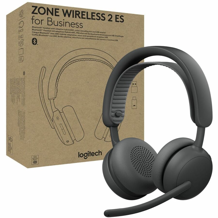 Logitech Zone Wireless 2 ES for Business - Noise-Canceling Wireless Headset with Adaptive Hybrid ANC, Microsoft Teams Certified, USB-C & USB-A, Graphite