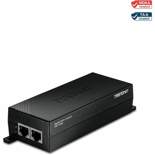 TRENDnet Gigabit PoE++ Injector, TPE-116GI, Supplies PoE (15.4W), PoE+ (30W), or PoE++ (60W), Network A PoE Device Up to 100m(328 ft), NDAA & TAA Compliant, Plug & Play, Black