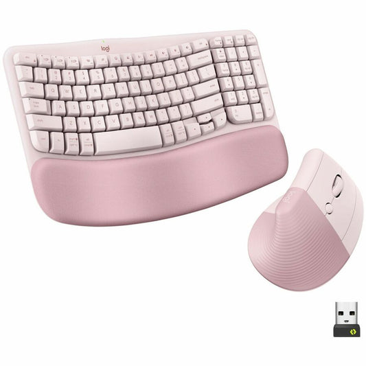 Logitech Wave Keys & Lift Vertical Mouse - Ergonomic Wireless Keyboard and Mouse Combo - with Cushioned Palm Rest (Rose)
