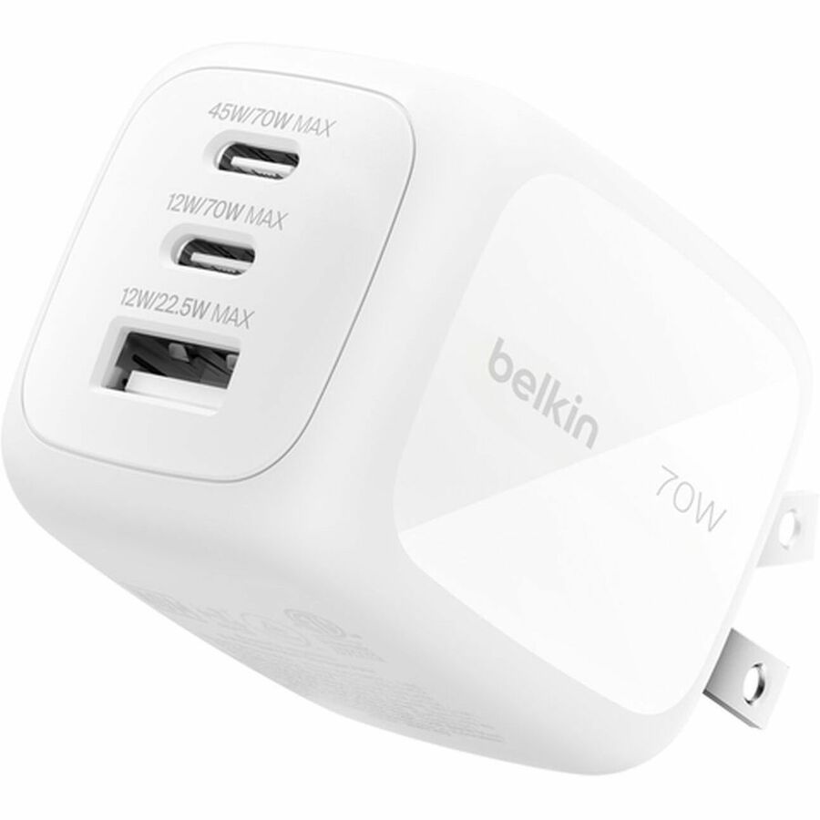 Belkin 70W GaN 3-Port USB Wall Charger - 1xUSB-A, 2xUSB-C - Foldable Prongs - Power Adapter - White