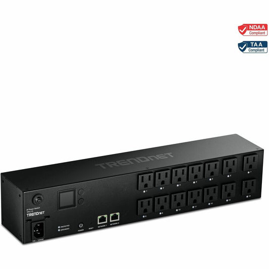 TRENDnet 14-Outlet Managed 2U Rackmount Switched Power Distribution Unit, TPI-L14, 14 x NEMA 5-15R Managed Power Outlets, 2 x Gigabit Ports, Remote Cloud Management PDU, NDAA & TAA Compliant