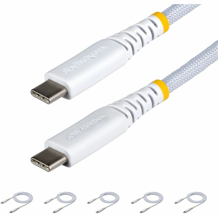 StarTech 5-Pack 3ft (91cm) White USB-C Charging Cable, 60W (3A) PD, Dual-Layer Braided Nylon/TPE Jacket, Rugged USB C Charger Cord