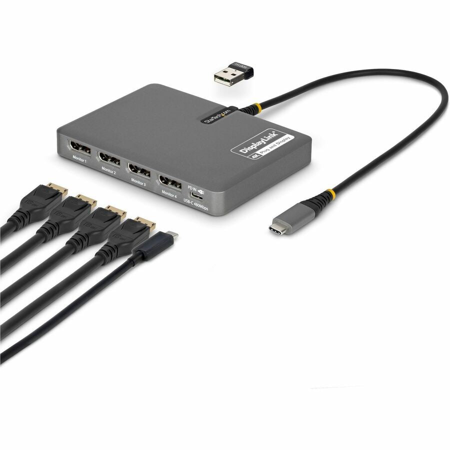 StarTech USB-C to Quad-Monitor Workstation Adapter, 4K 60Hz DisplayPort, 140W PD Passthrough for Laptop Charging, 1x USB 2.0 Port, TAA