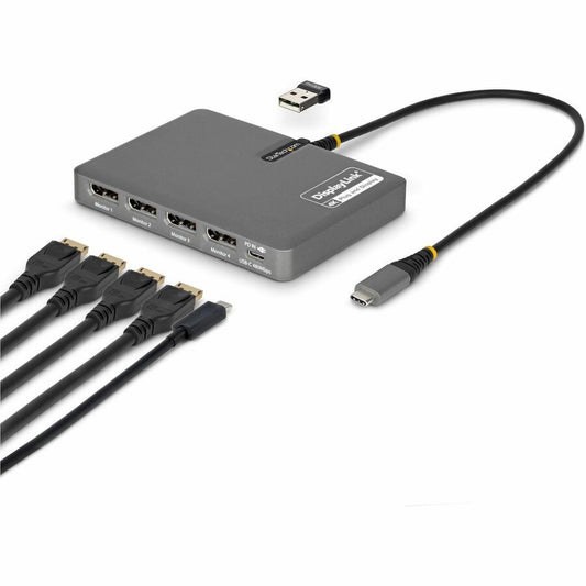 StarTech USB-C to Quad-Monitor Workstation Adapter, 4K 60Hz DisplayPort, 140W PD Passthrough for Laptop Charging, 1x USB 2.0 Port, TAA