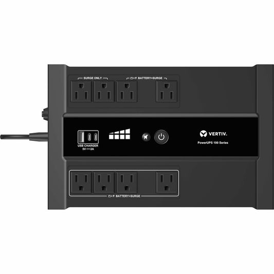 Vertiv PowerUPS 100 Standby VRLA UPS PST6-900LVMT, 900VA/550W, 120V, USB Charging, User-Replaceable Battery, 8 Outlets, Three-Year Warranty