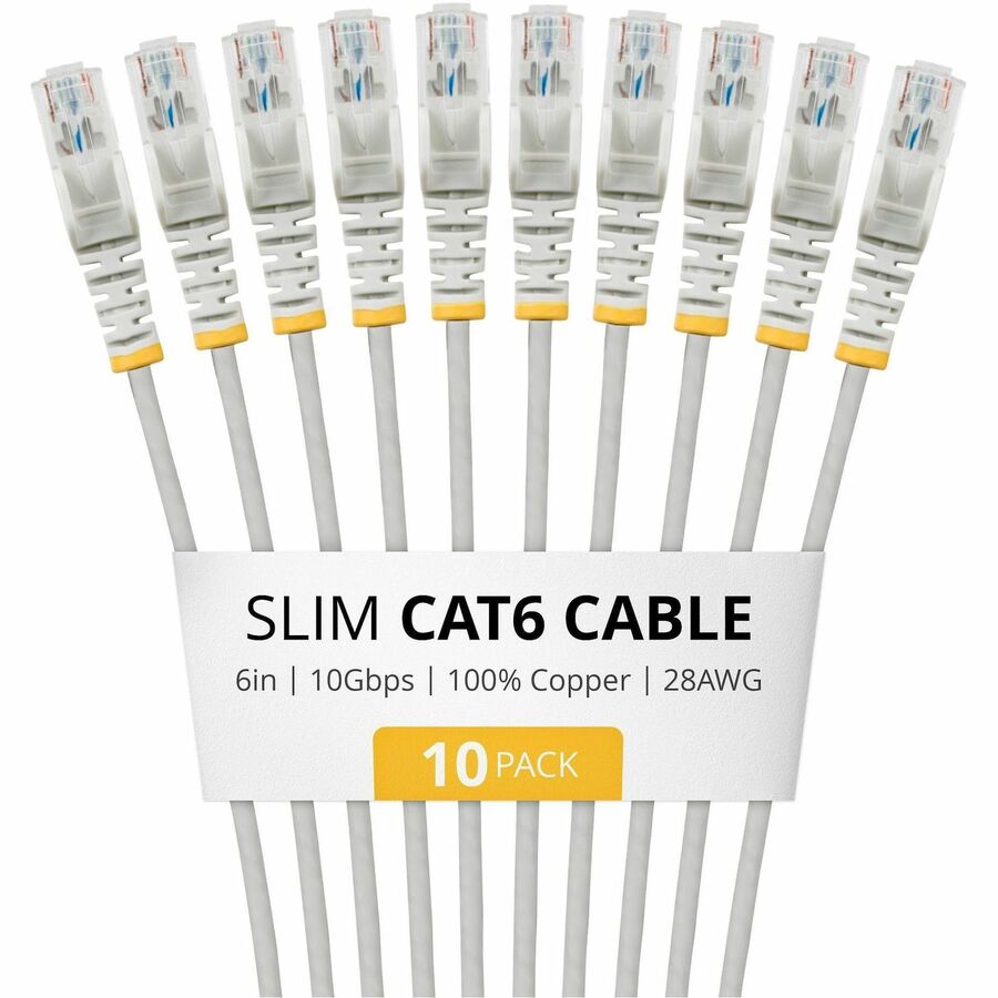 StarTech 6in Gray Slim CAT6 Cable, 10 Pack, Snagless RJ45, UTP, LSZH, 28AWG Pure Bare Copper, Slim Network Patch Cord