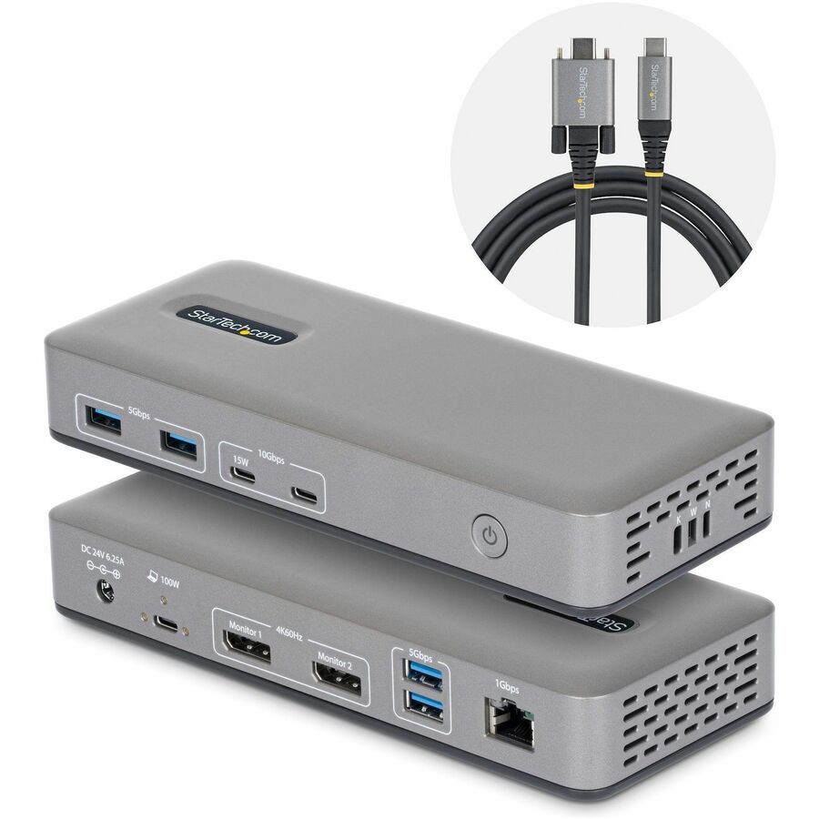 StarTech Dual-Monitor USB-C Docking Station, DisplayPort, 4K 60Hz, 100W Laptop Charging, 1GbE, Driverless, Multi-Monitor Dock