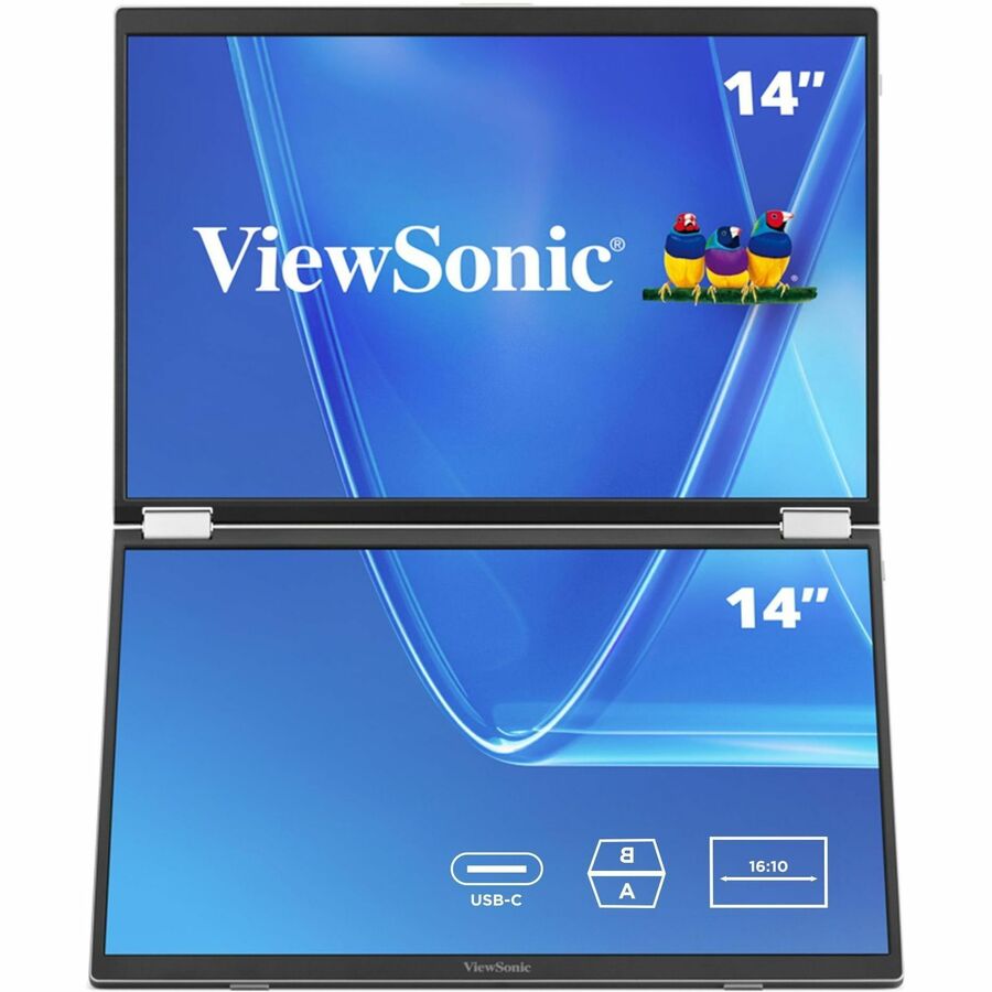 ViewSonic VG1457 Dual Screen 14 Inch 1200p Portable Monitor, Foldable IPS for Comfortable Mobile Workspaces, G-Sensor for Automatic Screen Rotation, 65W USB-C Power Delivery, and Dual USB-C Inputs