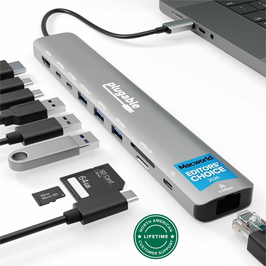 Plugable USB C Hub: 10-in-1 Multiport Adapter (8K/4K 144Hz HDMI 2.1, 2.5G Ethernet, 140W Charging, 10Gbps Data)