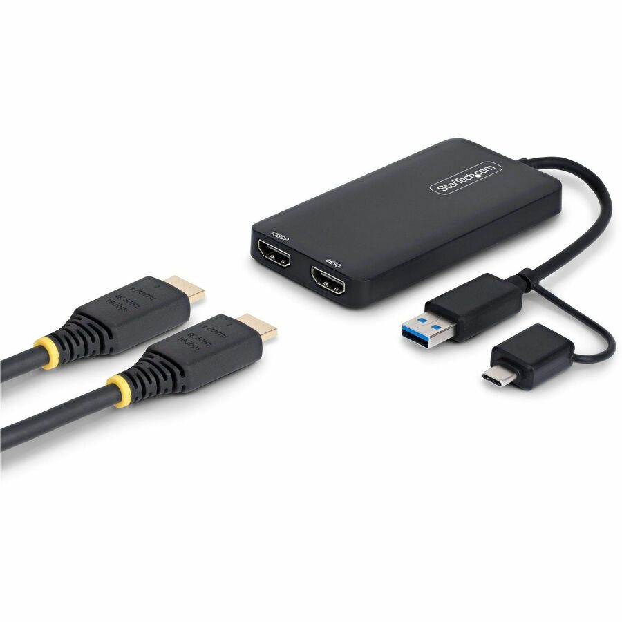 StarTech USB to Dual HDMI Adapter, USB-A or USB-C to 2x HDMI Converter (1x 4K30, 1x 1080p), 4.3in/11cm Cable, Win/Mac, Black