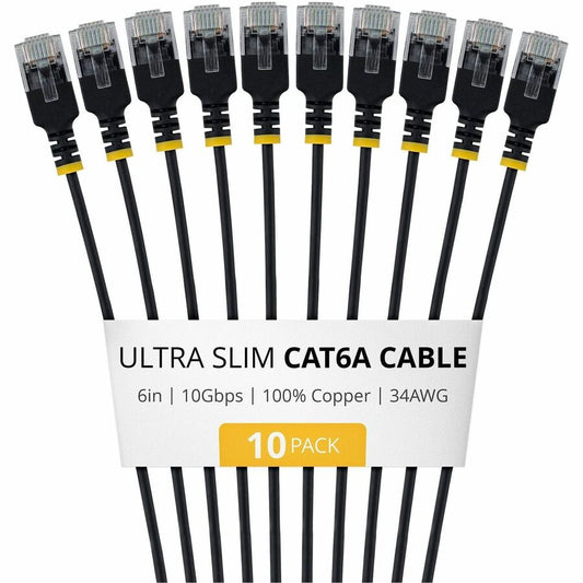StarTech 6in Black Ultra Slim Cat6A Ethernet Cable, 10 Pack, UTP, Bare Copper Wire, 34AWG Ultra Slim RJ45 Patch Cord