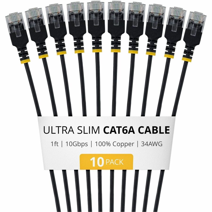 StarTech 1ft Black Ultra Slim Cat6A Ethernet Cable, 10 Pack, UTP, Bare Copper Wire, 34AWG Ultra Slim RJ45 Patch Cord