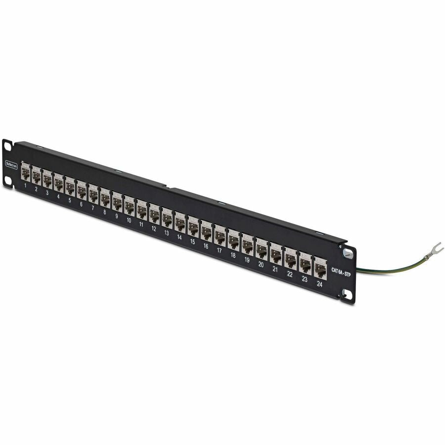 StarTech 24 Port 1U Feed Through Patch Panel with Cable Management Bar, Rackmount Shielded Cat6a Patch Panel with RJ45 Inline Couplers