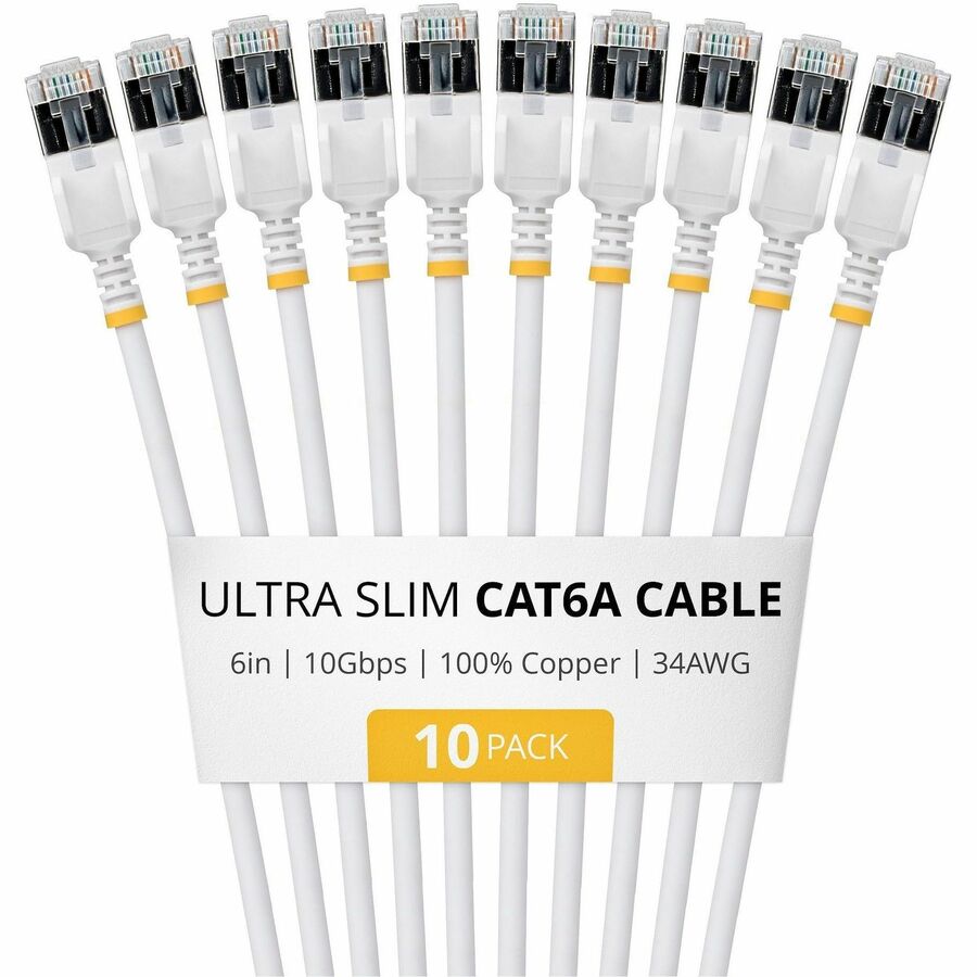 StarTech 6in White Ultra Slim Cat6A Ethernet Cable, 10 Pack, Snagless, FTP, Bare Copper Wire, 34AWG Ultra Slim RJ45 Patch Cord