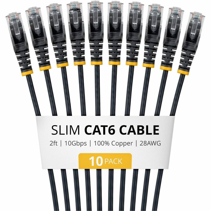 StarTech 2ft Black Slim CAT6 Cable, 10 Pack, Snagless RJ45, UTP, LSZH, 28AWG Pure Bare Copper, Slim Network Patch Cord