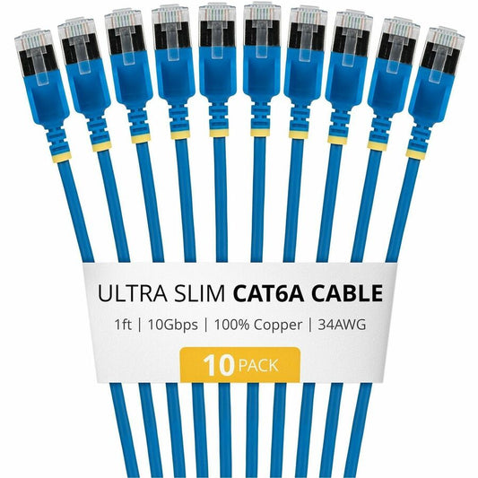 StarTech 1ft Blue Ultra Slim Cat6A Ethernet Cable, 10 Pack, Snagless, FTP, Bare Copper Wire, 34AWG Ultra Slim RJ45 Patch Cord