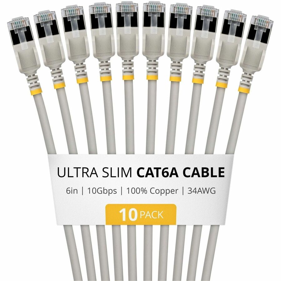 StarTech 6in Gray Ultra Slim Cat6A Ethernet Cable, 10 Pack, Snagless, FTP, Bare Copper Wire, 34AWG Ultra Slim RJ45 Patch Cord